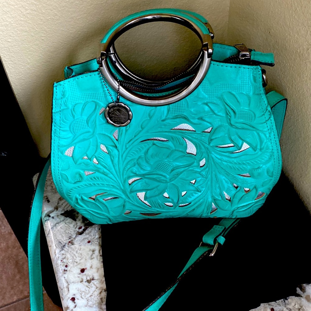Patricia Nash-Aria Shopper-Cut Out Tooling-Aqua-$229.